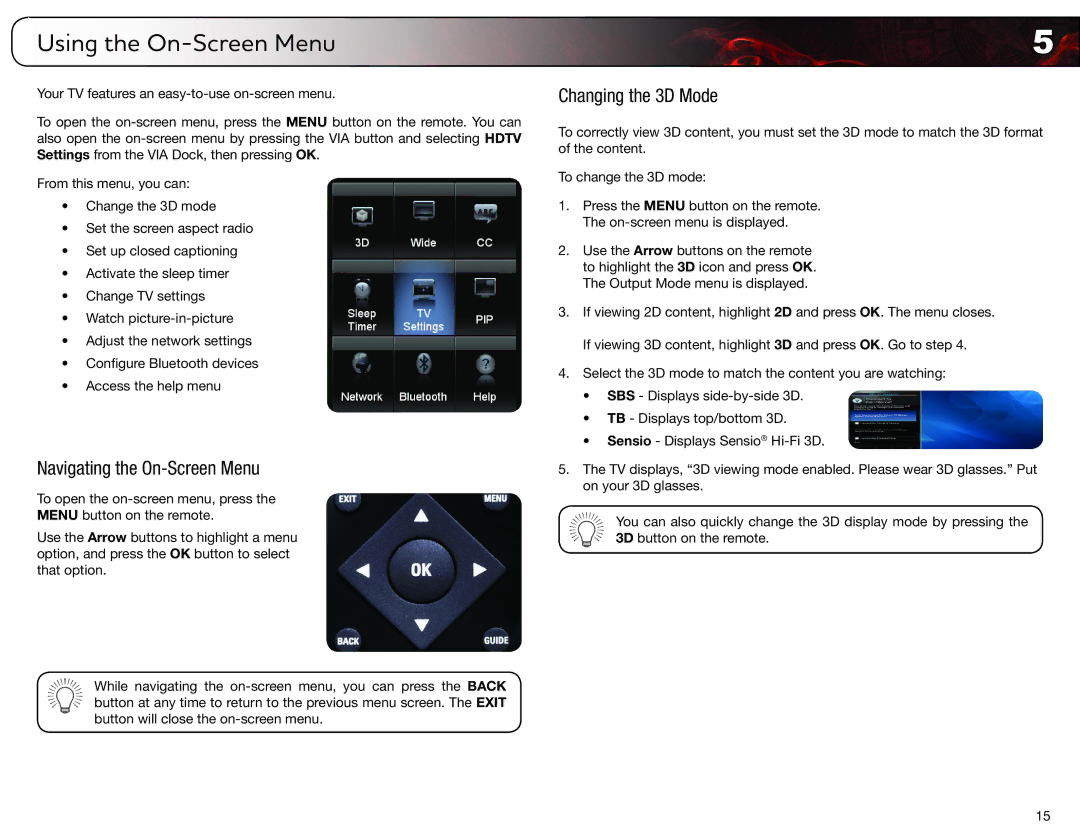 Vizio XVT3D500CM, XVT3D580CM user manual Using the On-Screen Menu, Navigating the On-Screen Menu, Changing the 3D Mode 