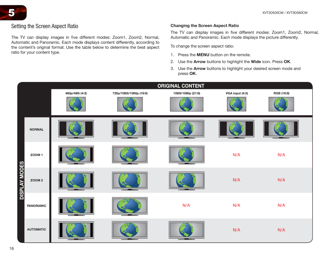 Vizio XVT3D580CM, XVT3D500CM user manual Setting the Screen Aspect Ratio, Changing the Screen Aspect Ratio 