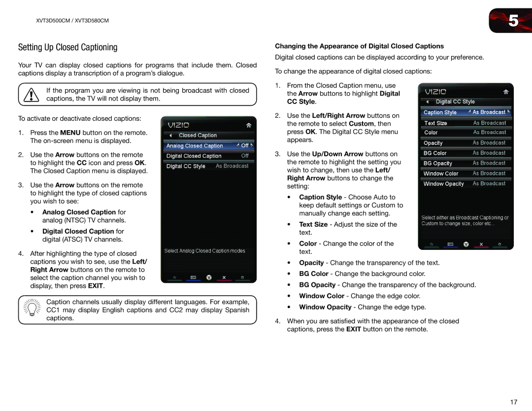 Vizio XVT3D500CM, XVT3D580CM user manual Setting Up Closed Captioning, Changing the Appearance of Digital Closed Captions 