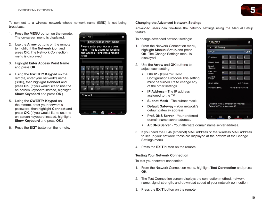 Vizio XVT3D500CM, XVT3D580CM Highlight Enter Access Point Name and press OK, Changing the Advanced Network Settings 