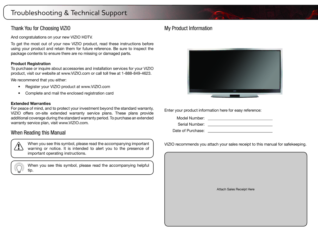 Vizio XVT3D580CM, XVT3D500CM Troubleshooting & Technical Support, Thank You for Choosing Vizio, When Reading this Manual 