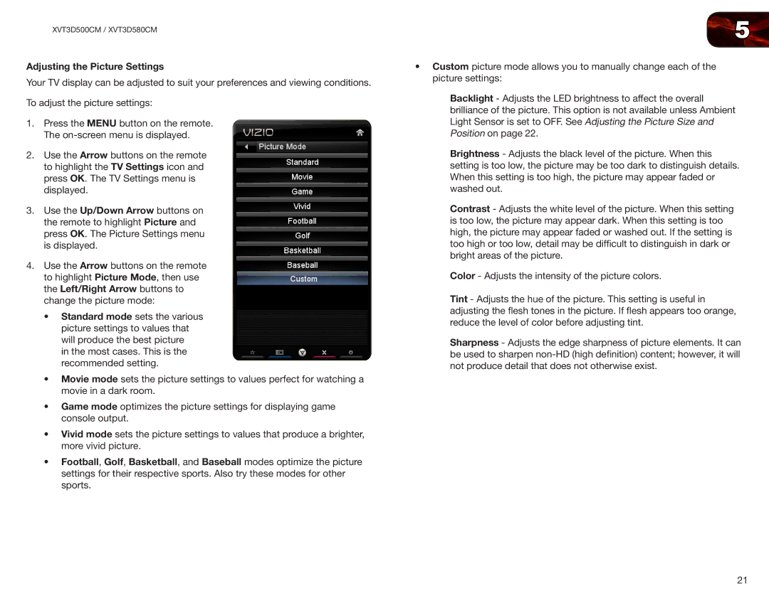 Vizio XVT3D500CM, XVT3D580CM user manual Adjusting the Picture Settings 