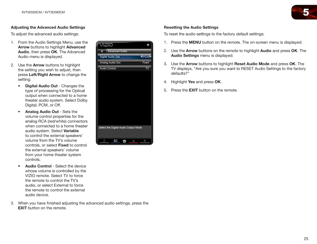 Vizio XVT3D500CM, XVT3D580CM user manual Adjusting the Advanced Audio Settings, Resetting the Audio Settings 