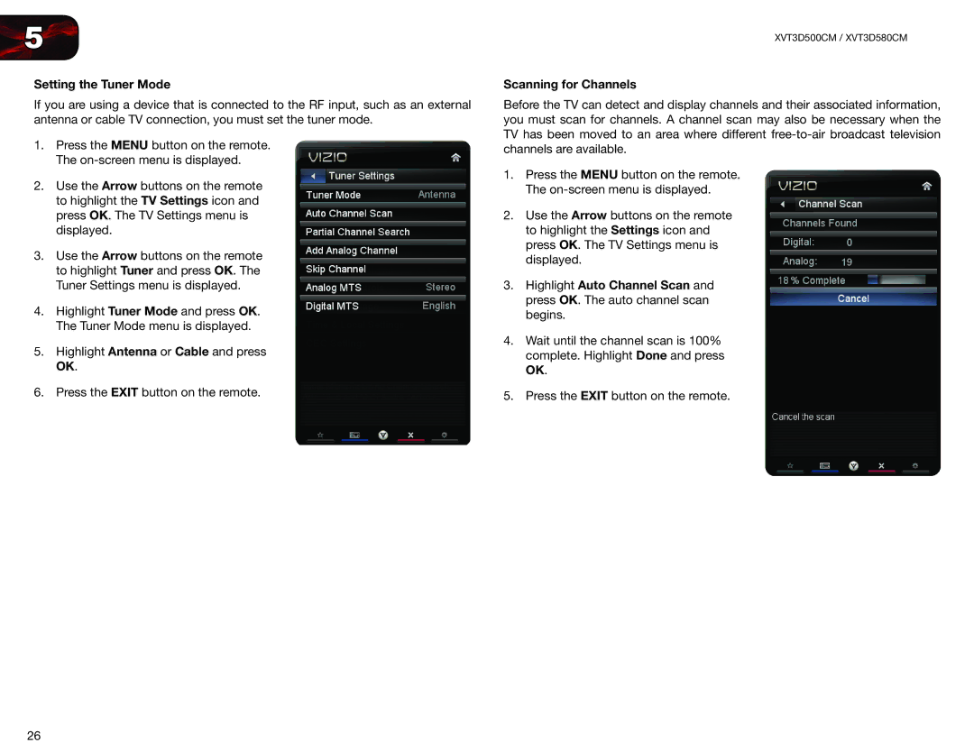 Vizio XVT3D580CM, XVT3D500CM user manual Setting the Tuner Mode, Scanning for Channels 