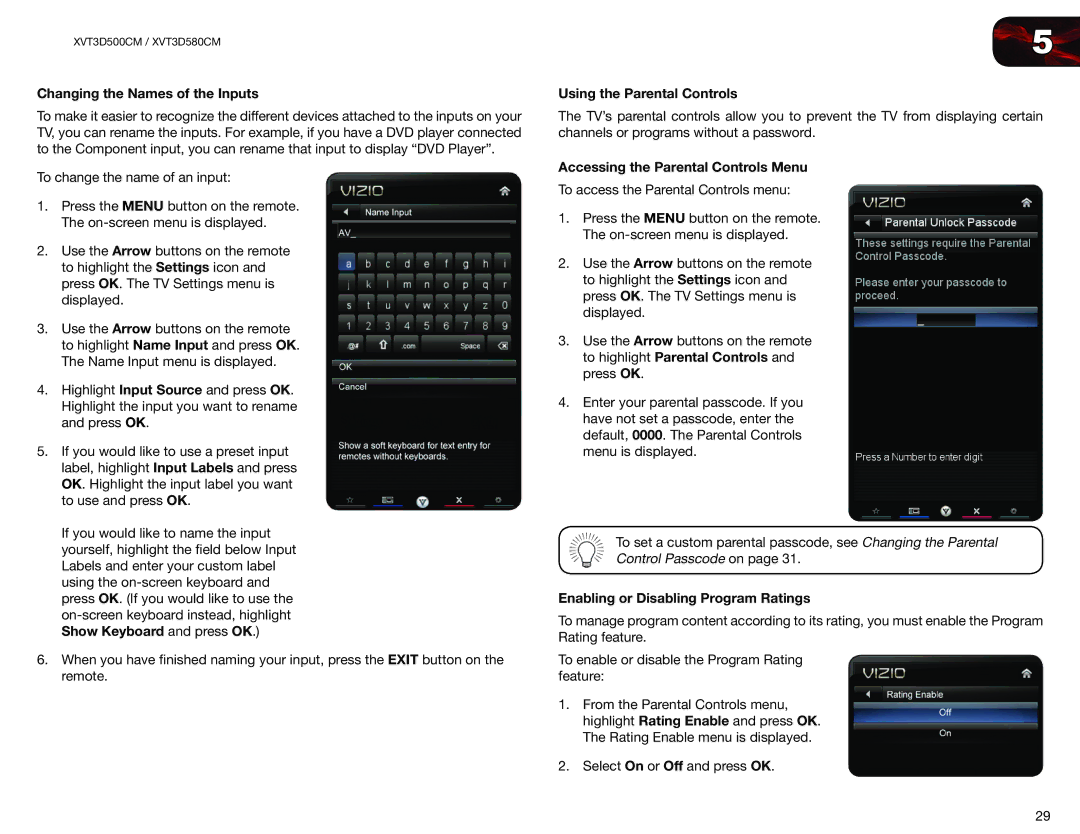 Vizio XVT3D500CM Changing the Names of the Inputs, Using the Parental Controls, Accessing the Parental Controls Menu 