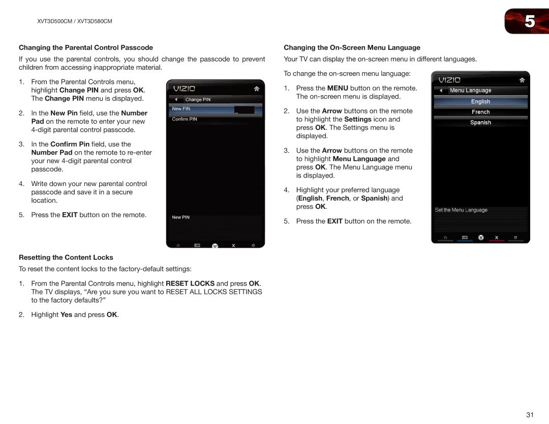 Vizio XVT3D500CM Changing the Parental Control Passcode, Resetting the Content Locks, Changing the On-Screen Menu Language 