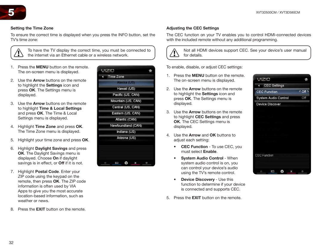 Vizio XVT3D580CM, XVT3D500CM user manual Setting the Time Zone, Adjusting the CEC Settings 