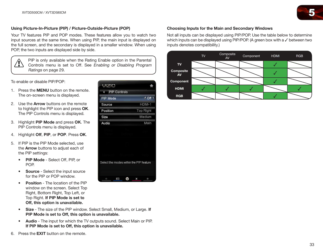 Vizio XVT3D500CM, XVT3D580CM Using Picture-In-Picture PIP / Picture-Outside-Picture POP, Off, this option is unavailable 