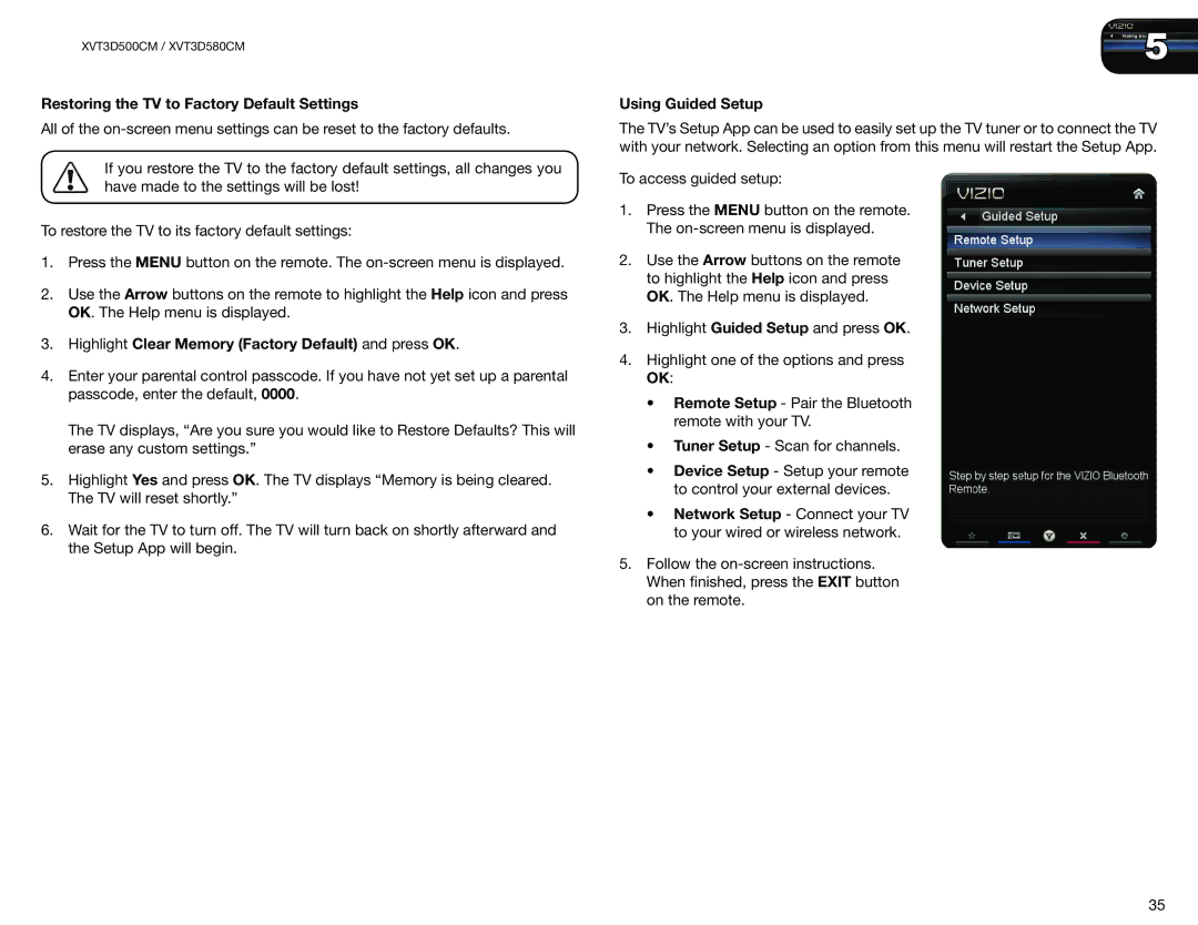 Vizio XVT3D500CM Restoring the TV to Factory Default Settings, Highlight Clear Memory Factory Default and press OK 