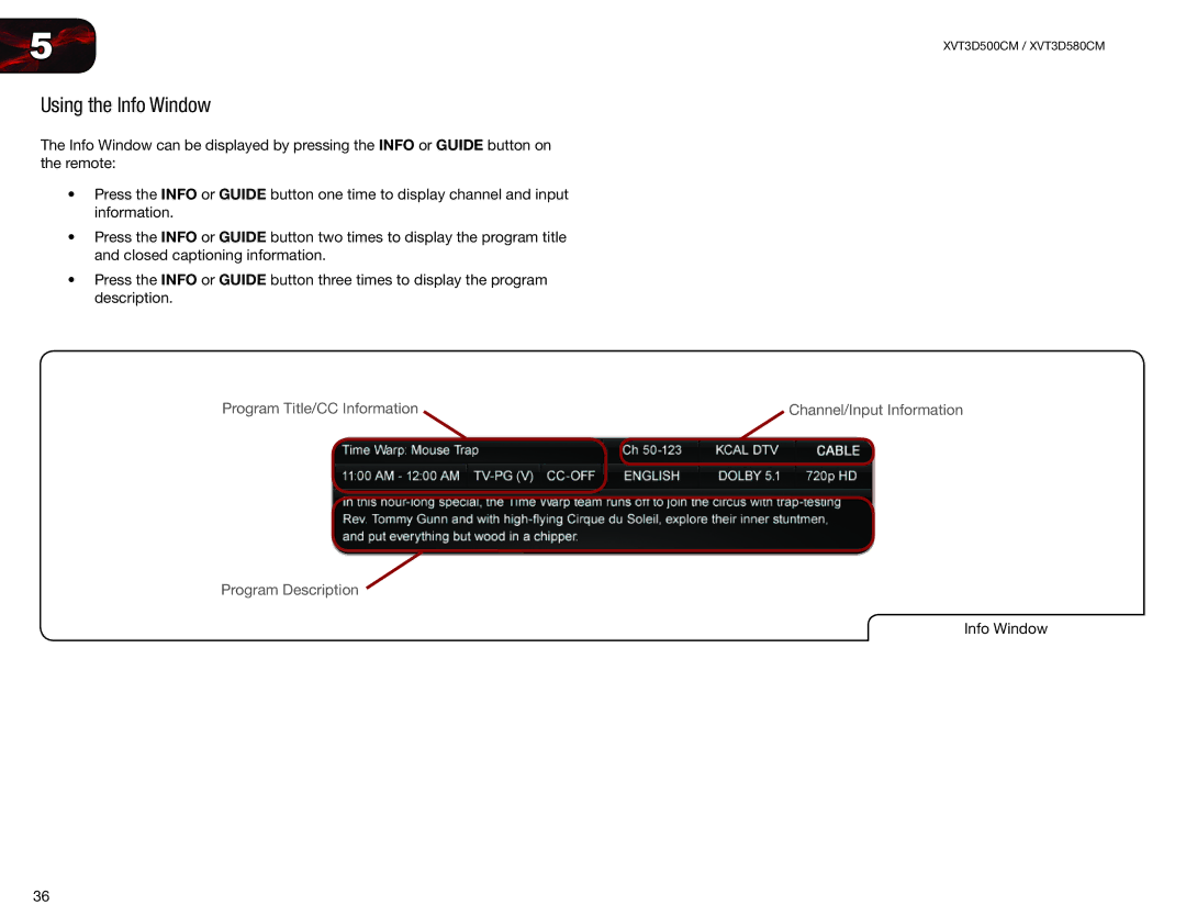 Vizio XVT3D580CM, XVT3D500CM user manual Using the Info Window 