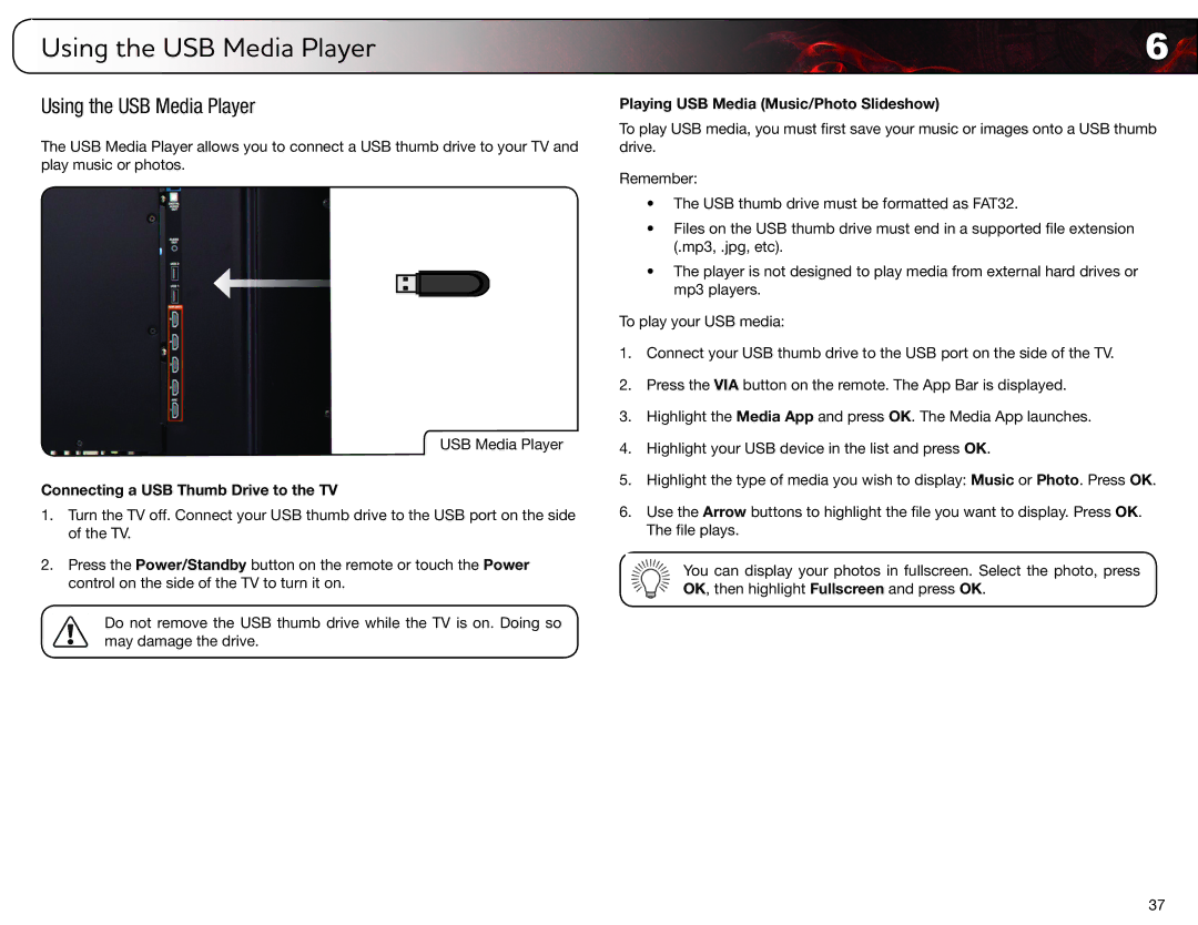 Vizio XVT3D500CM, XVT3D580CM user manual Using the USB Media Player, Connecting a USB Thumb Drive to the TV 