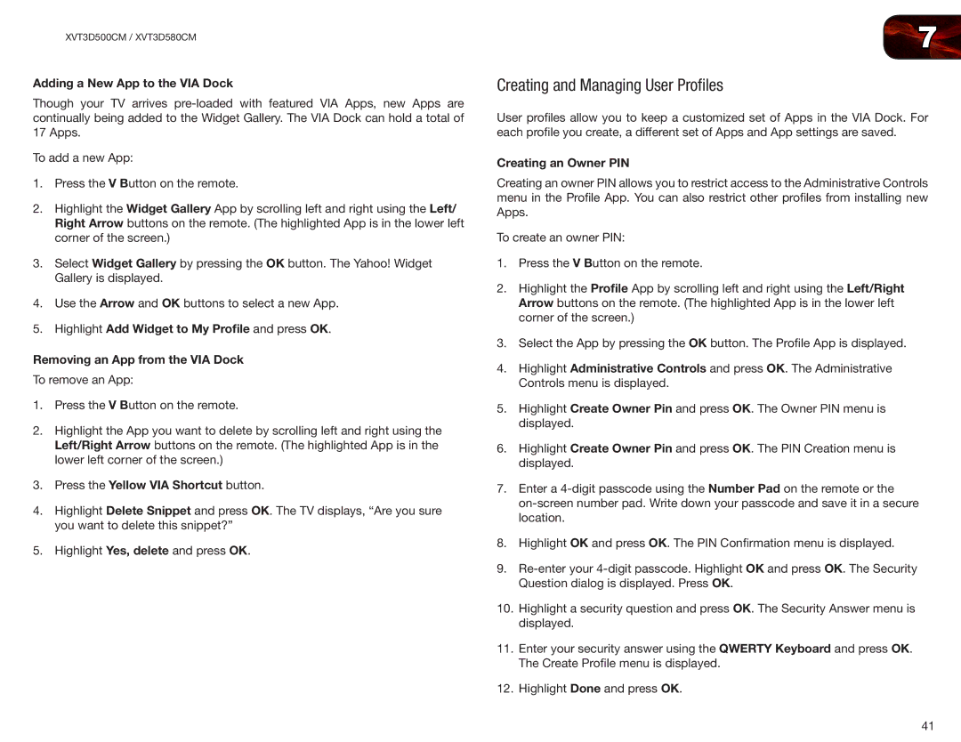 Vizio XVT3D500CM, XVT3D580CM Creating and Managing User Profiles, Adding a New App to the VIA Dock, Creating an Owner PIN 