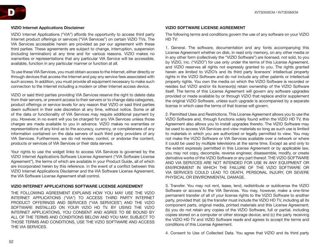 Vizio XVT3D580CM user manual Vizio Internet Applications Disclaimer, Vizio Internet Applications Software License Agreement 