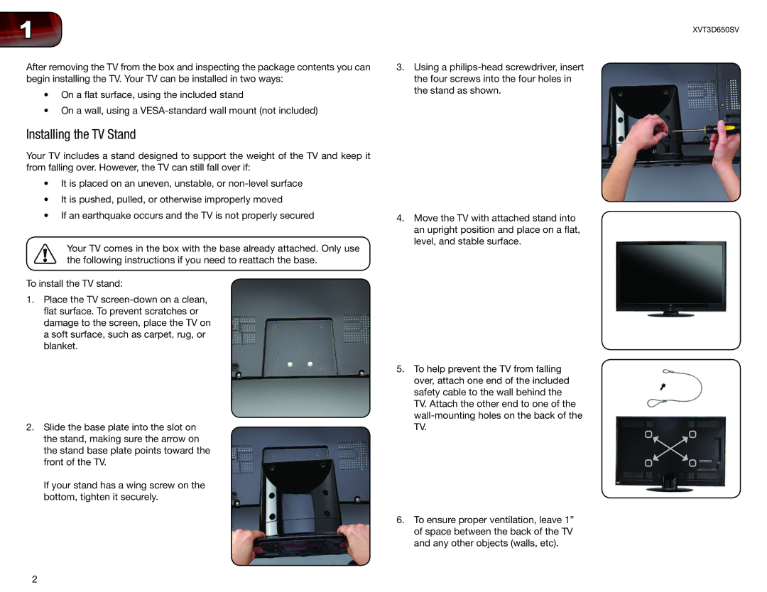 Vizio XVT3D650SV user manual Installing the TV Stand 