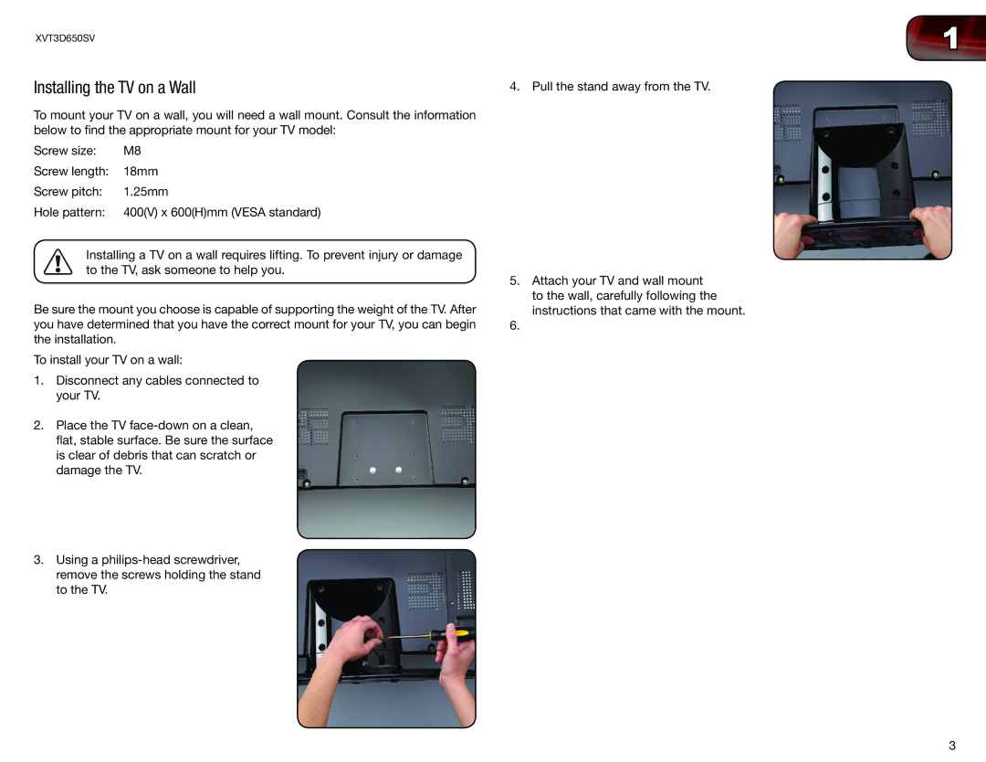 Vizio XVT3D650SV user manual Installing the TV on a Wall 