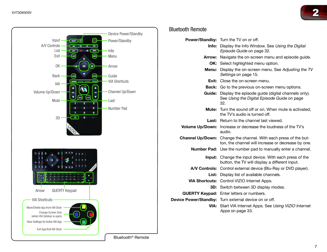 Vizio XVT3D650SV user manual Bluetooth Remote, Power/Standby, Info, Arrow 