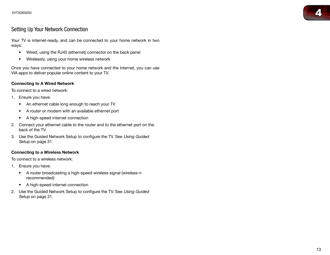 Vizio XVT3D650SV Setting Up Your Network Connection, Connecting to a Wired Network, Connecting to a Wireless Network 
