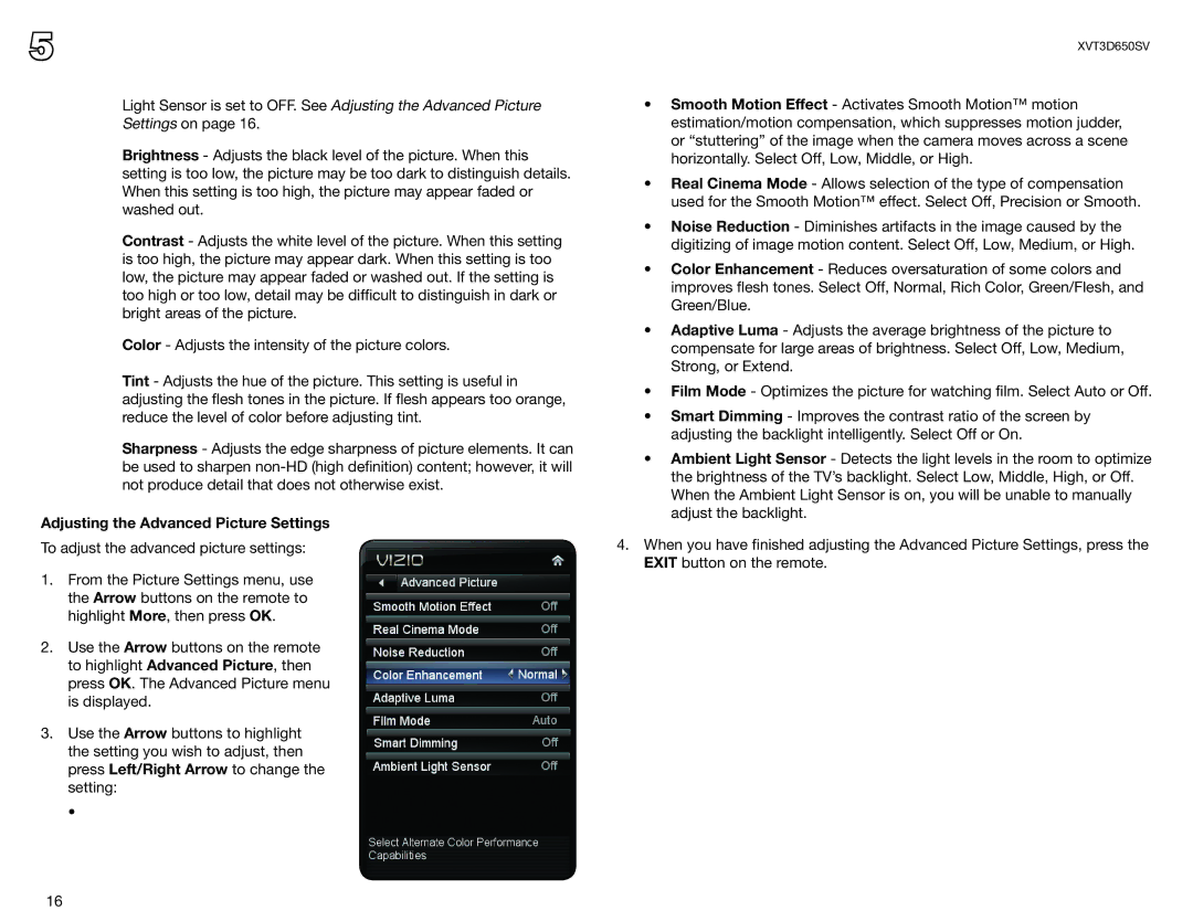 Vizio XVT3D650SV user manual Adjusting the Advanced Picture Settings 