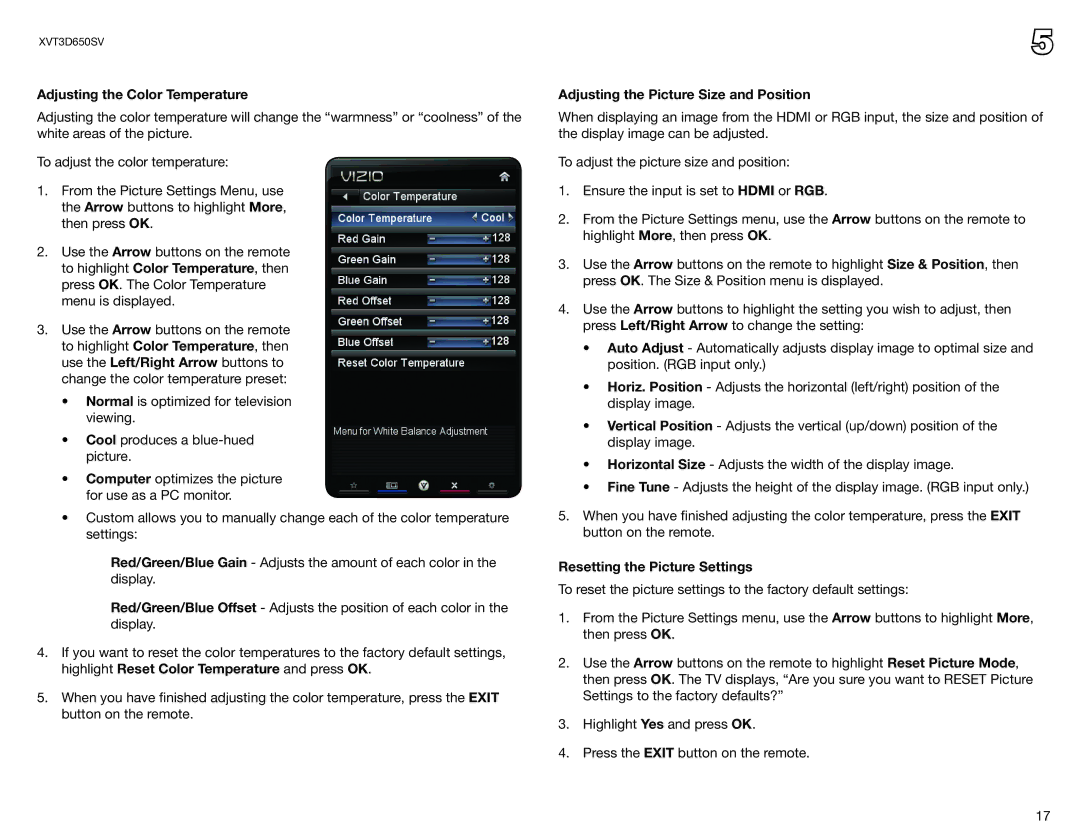 Vizio XVT3D650SV Adjusting the Color Temperature, Adjusting the Picture Size and Position, Resetting the Picture Settings 