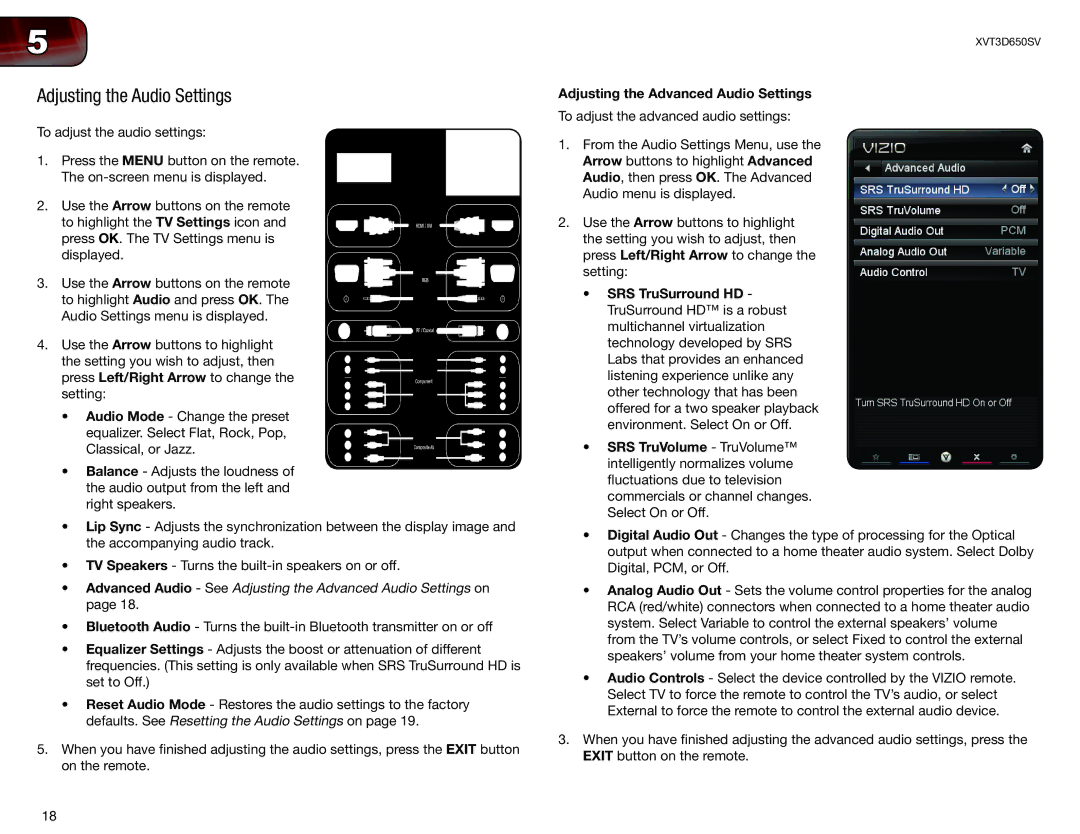 Vizio XVT3D650SV user manual Adjusting the Audio Settings, Adjusting the Advanced Audio Settings 