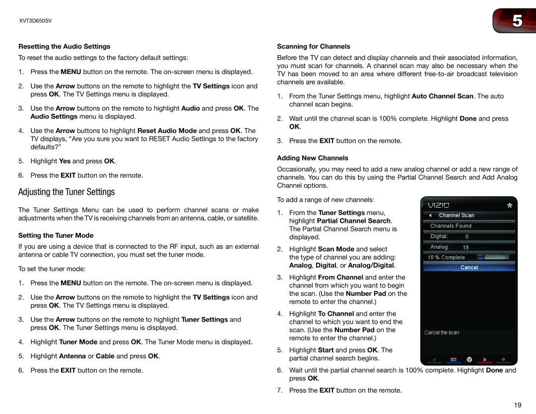 Vizio XVT3D650SV Adjusting the Tuner Settings, Resetting the Audio Settings, Setting the Tuner Mode, Scanning for Channels 