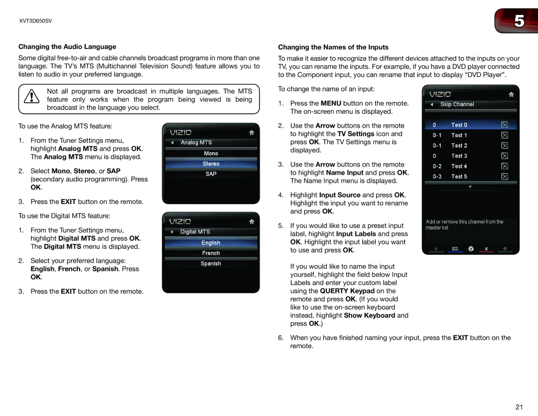 Vizio XVT3D650SV user manual Changing the Audio Language, Changing the Names of the Inputs 