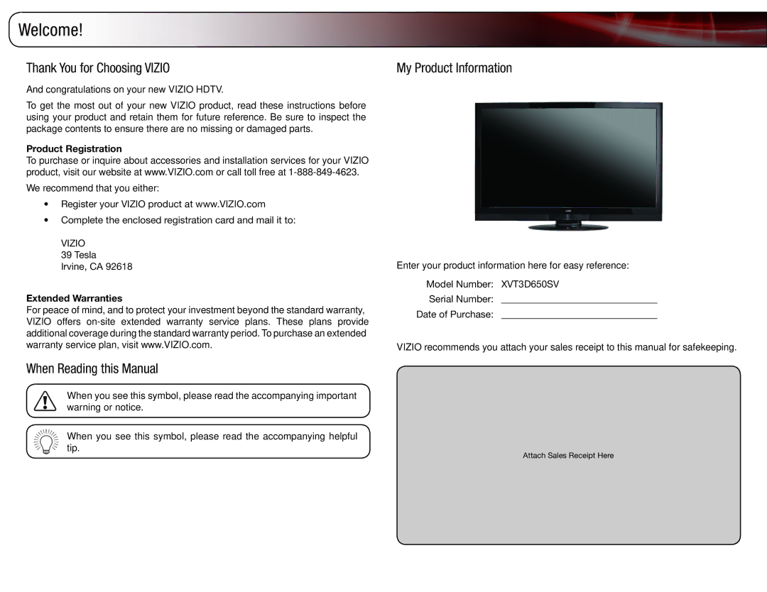 Vizio XVT3D650SV user manual Welcome, Thank You for Choosing Vizio, When Reading this Manual, My Product Information 