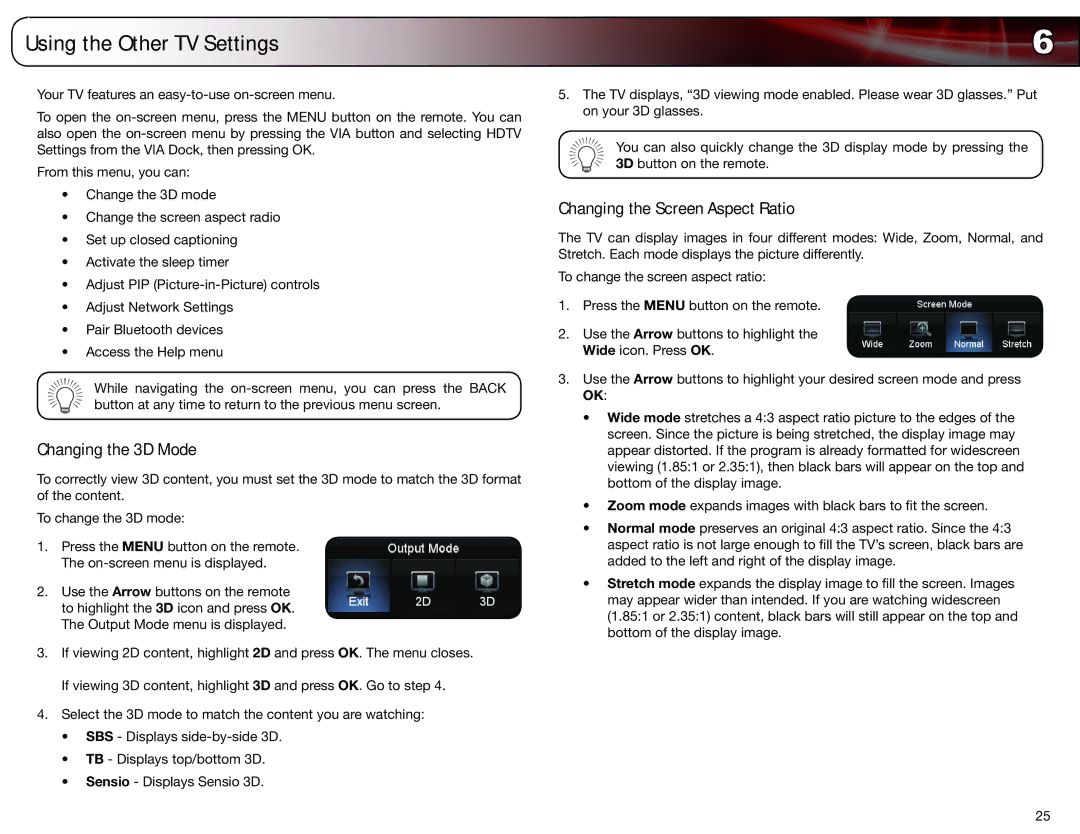 Vizio XVT3D650SV user manual Using the Other TV Settings, Changing the 3D Mode, Changing the Screen Aspect Ratio 