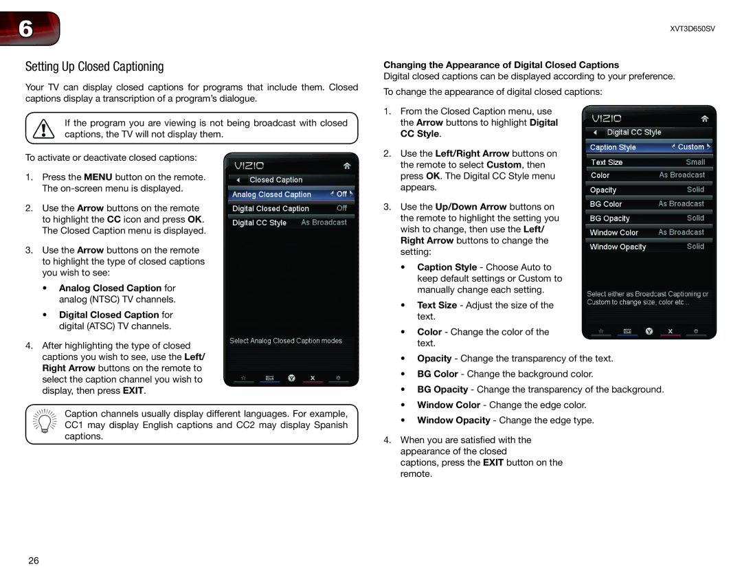 Vizio XVT3D650SV user manual Setting Up Closed Captioning, Changing the Appearance of Digital Closed Captions 