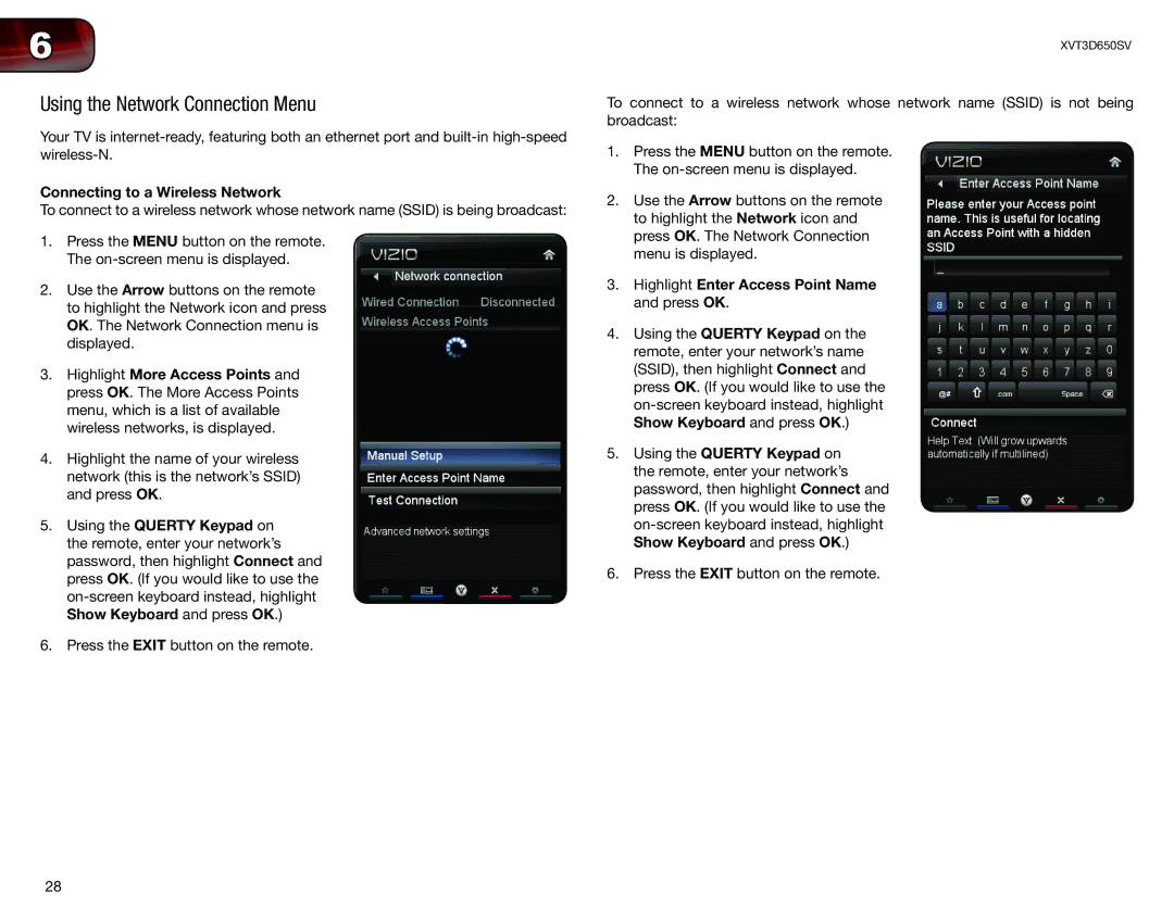 Vizio XVT3D650SV user manual Using the Network Connection Menu, Highlight Enter Access Point Name and press OK 