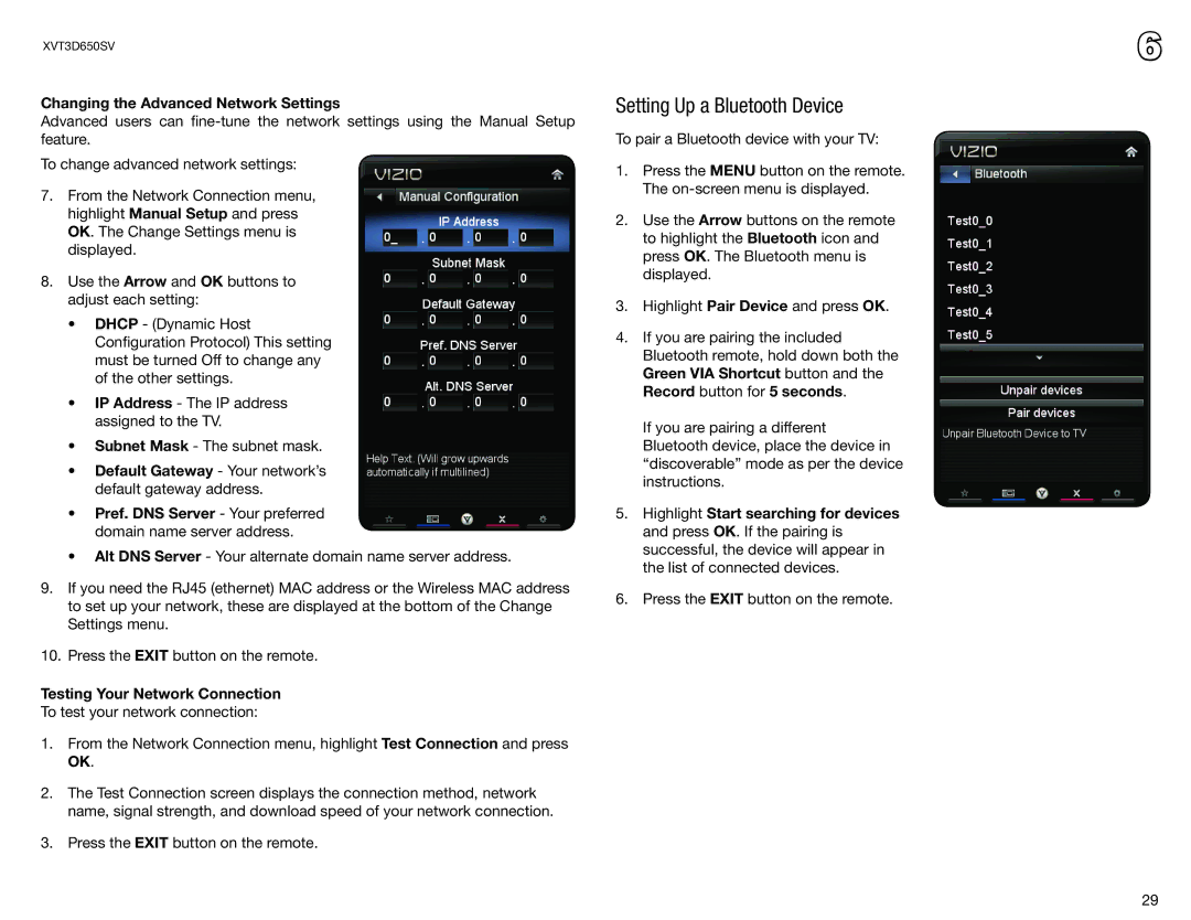 Vizio XVT3D650SV Setting Up a Bluetooth Device, Changing the Advanced Network Settings, Testing Your Network Connection 