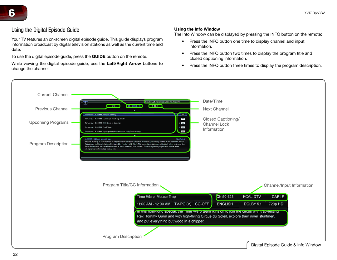 Vizio XVT3D650SV user manual Using the Digital Episode Guide, Using the Info Window 