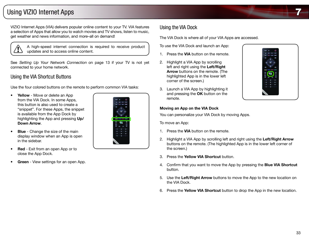 Vizio XVT3D650SV user manual Using Vizio Internet Apps, Using the VIA Shortcut Buttons, Using the VIA Dock 