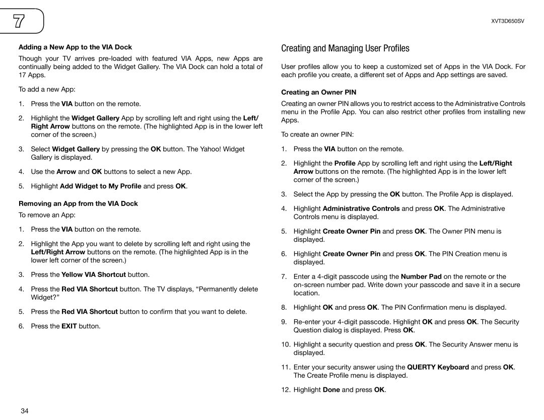 Vizio XVT3D650SV user manual Creating and Managing User Profiles, Adding a New App to the VIA Dock, Creating an Owner PIN 