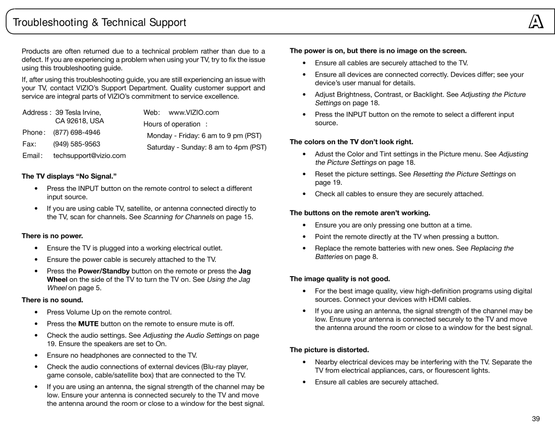 Vizio XVT3D650SV user manual Troubleshooting & Technical Support 