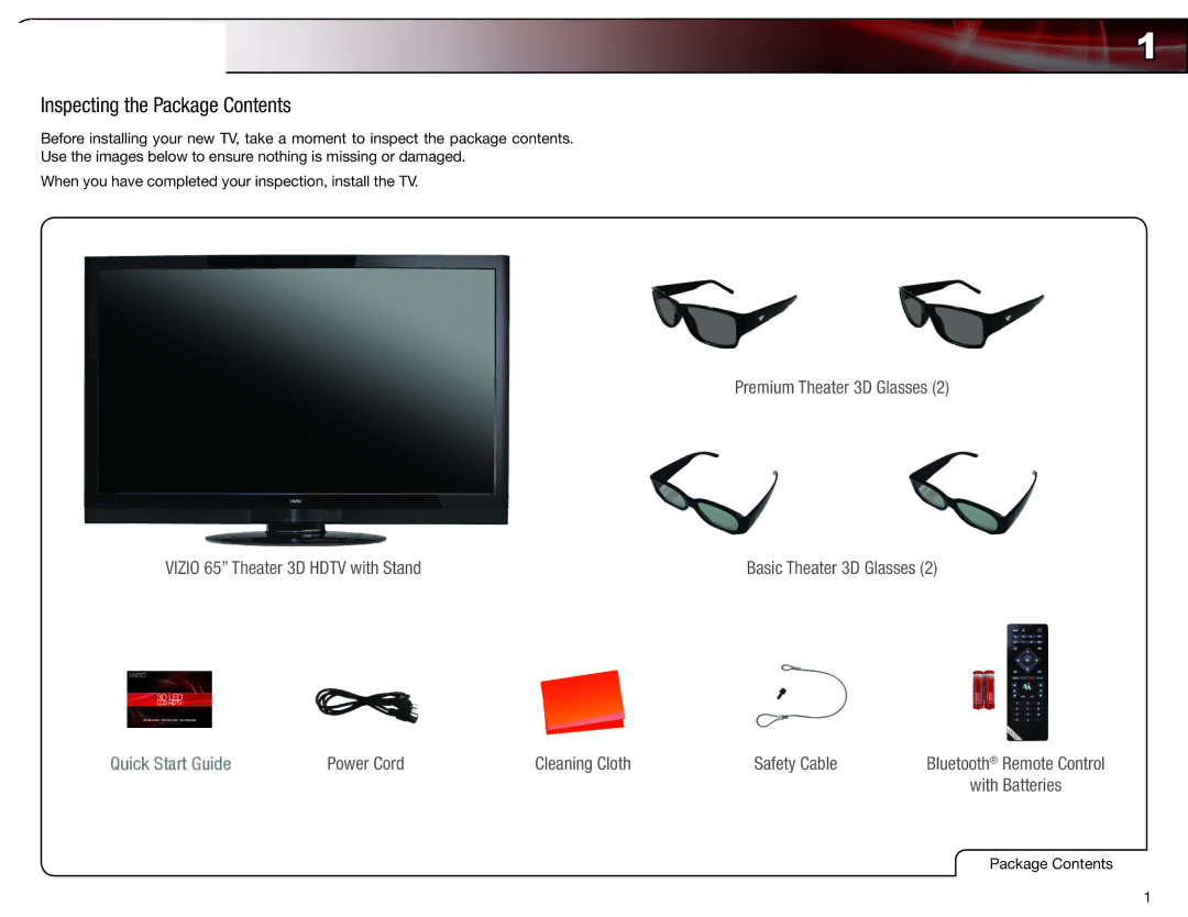 Vizio XVT3D650SV user manual Installing the TV, Inspecting the Package Contents 