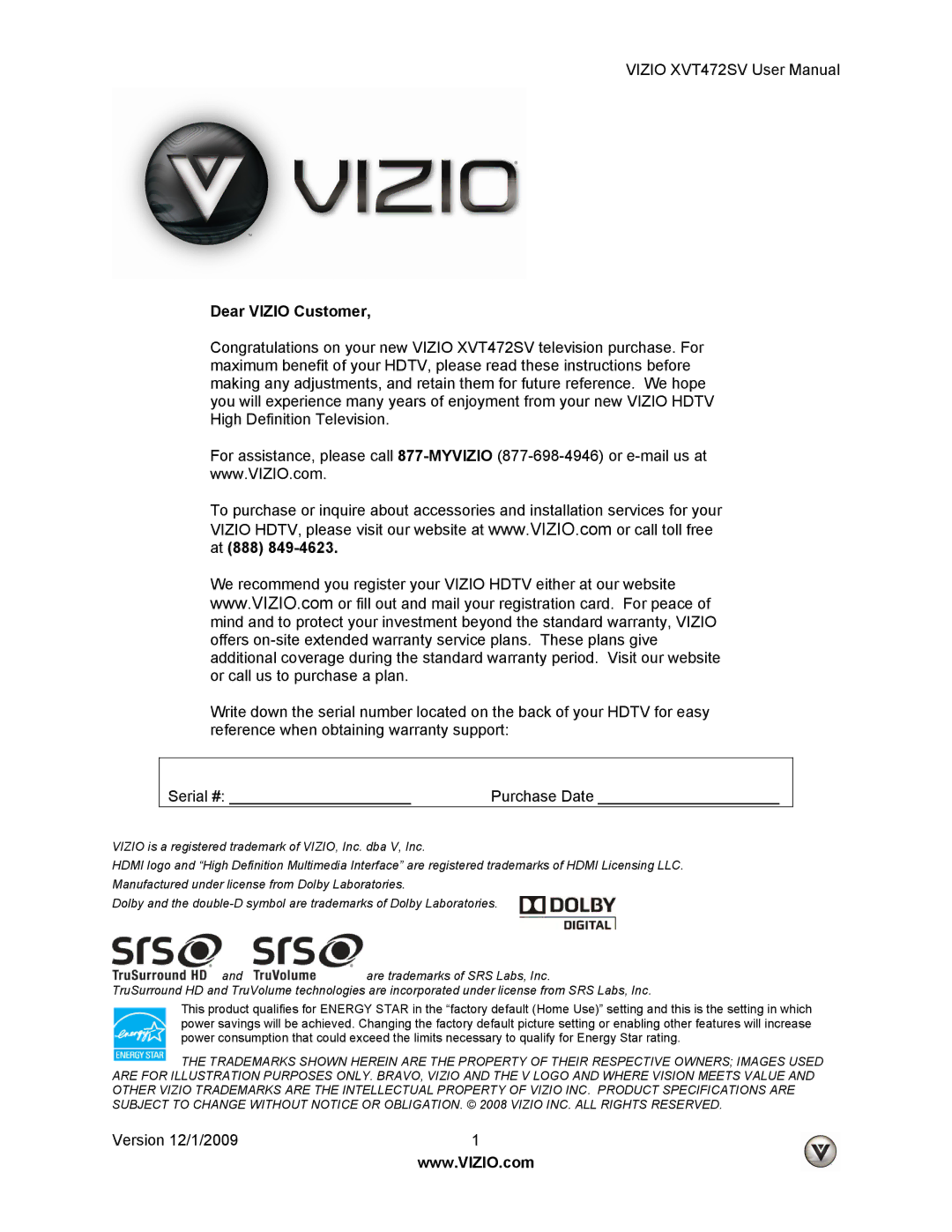 Vizio XVT472SV manual Dear Vizio Customer 