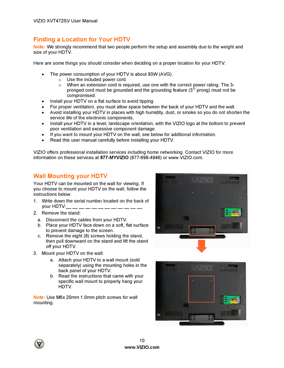 Vizio XVT472SV manual Finding a Location for Your Hdtv, Wall Mounting your Hdtv 