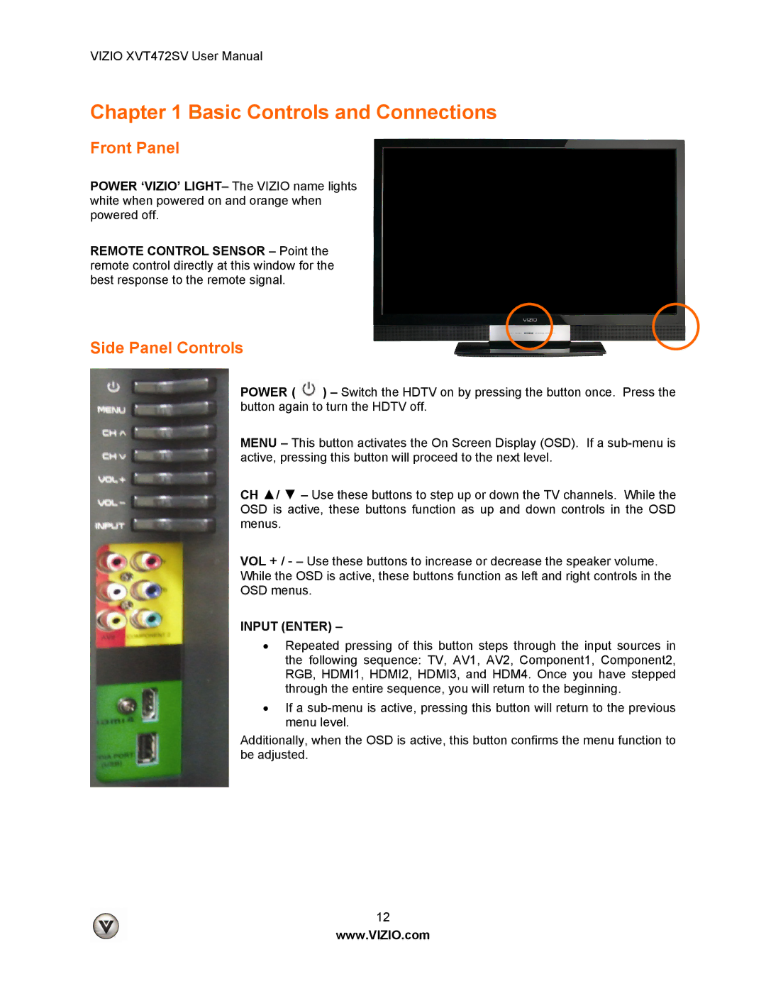 Vizio XVT472SV manual Front Panel, Side Panel Controls 