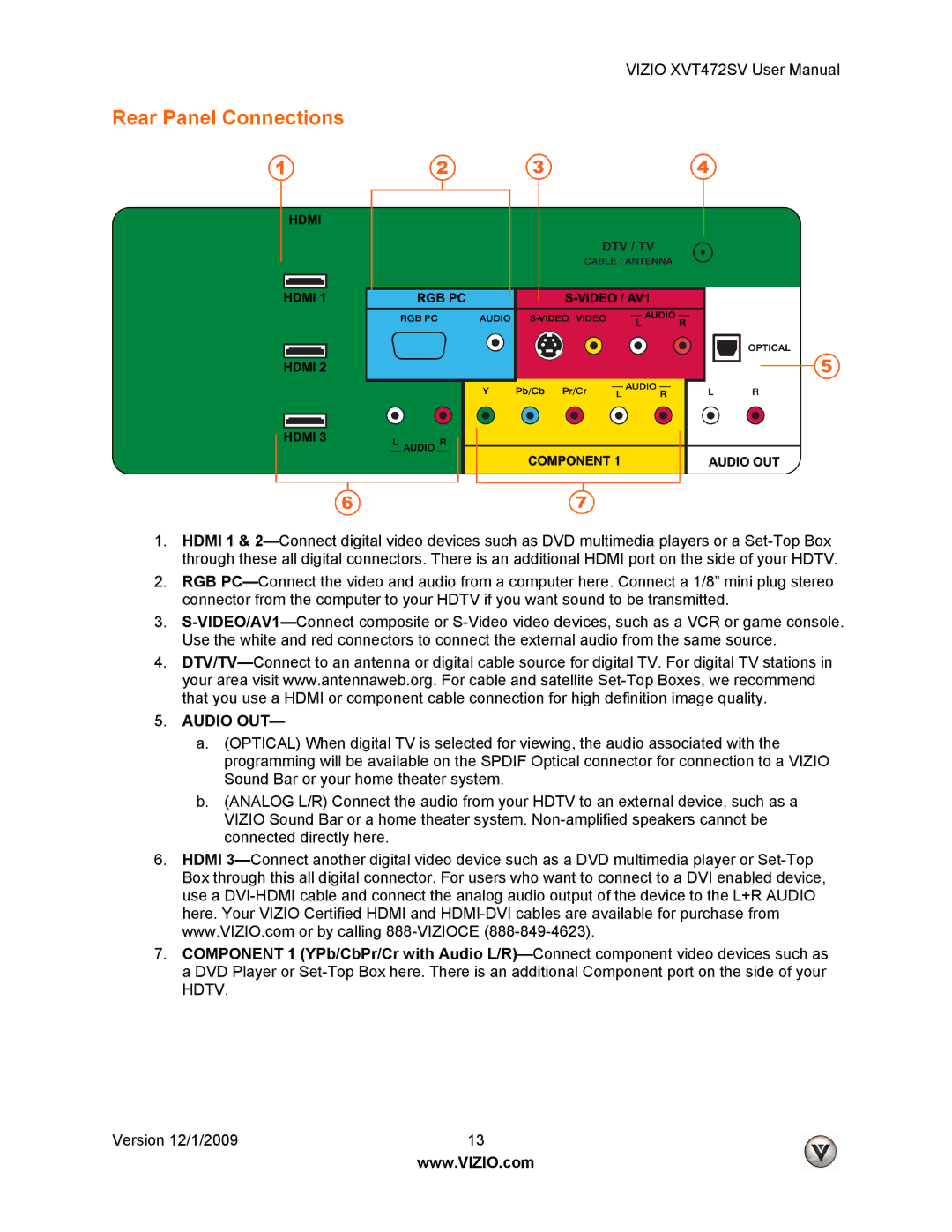 Vizio XVT472SV manual Rear Panel Connections, Audio OUT 