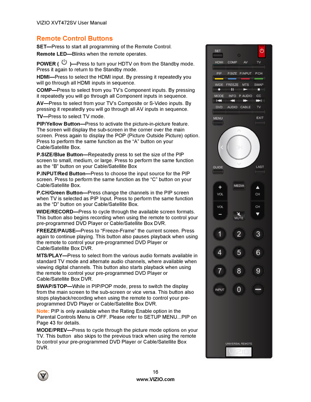 Vizio XVT472SV manual Remote Control Buttons 