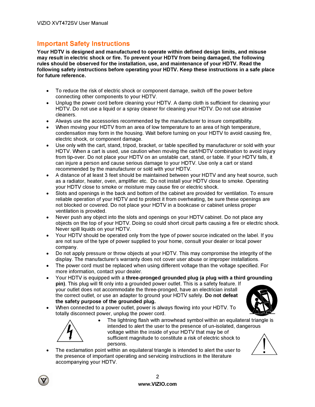 Vizio XVT472SV manual Important Safety Instructions 