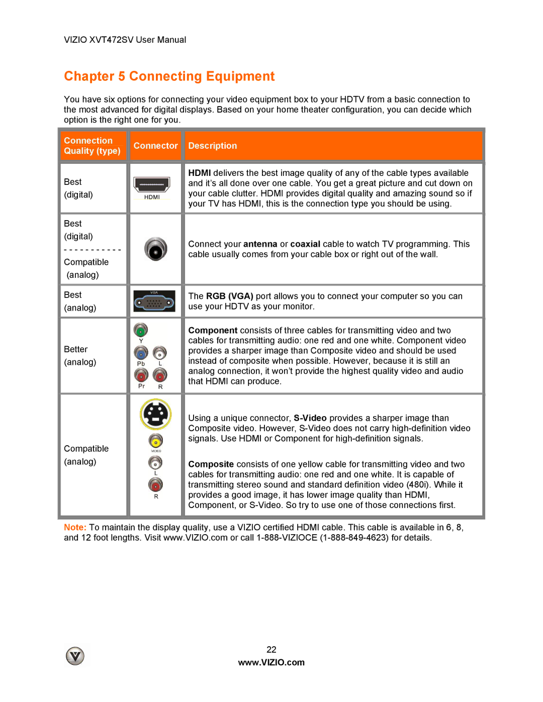 Vizio XVT472SV manual Connecting Equipment 