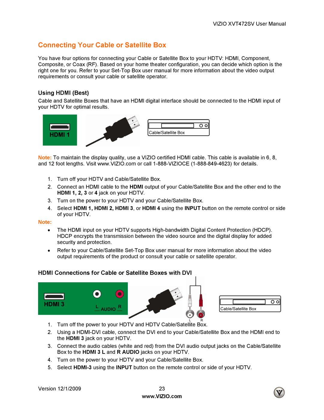 Vizio XVT472SV manual Connecting Your Cable or Satellite Box, Using Hdmi Best 