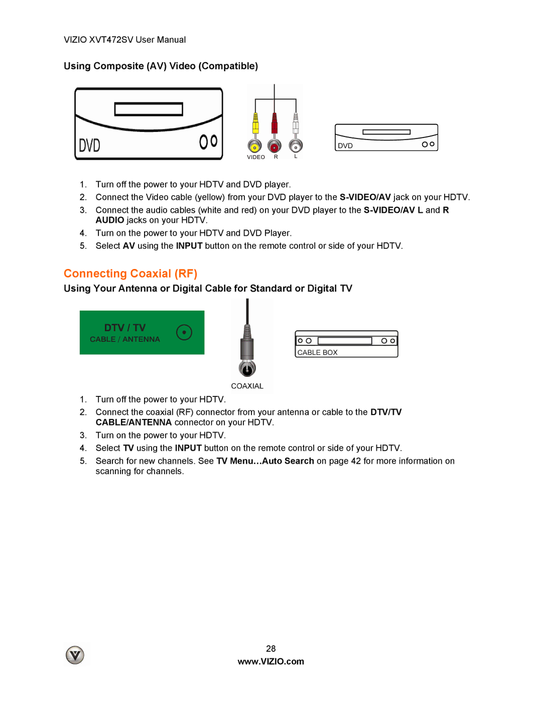 Vizio XVT472SV manual Connecting Coaxial RF, Using Composite AV Video Compatible 