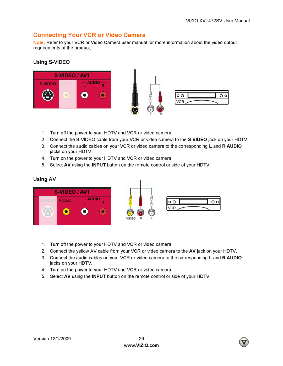 Vizio XVT472SV manual Using S-VIDEO, Using AV 