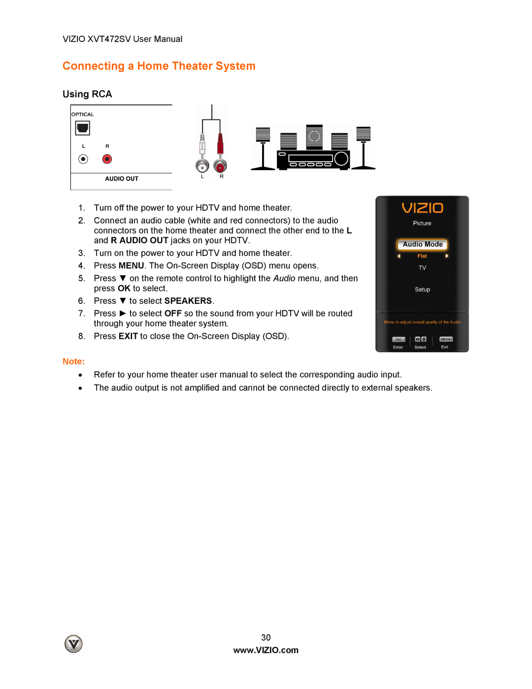 Vizio XVT472SV manual Connecting a Home Theater System, Using RCA 