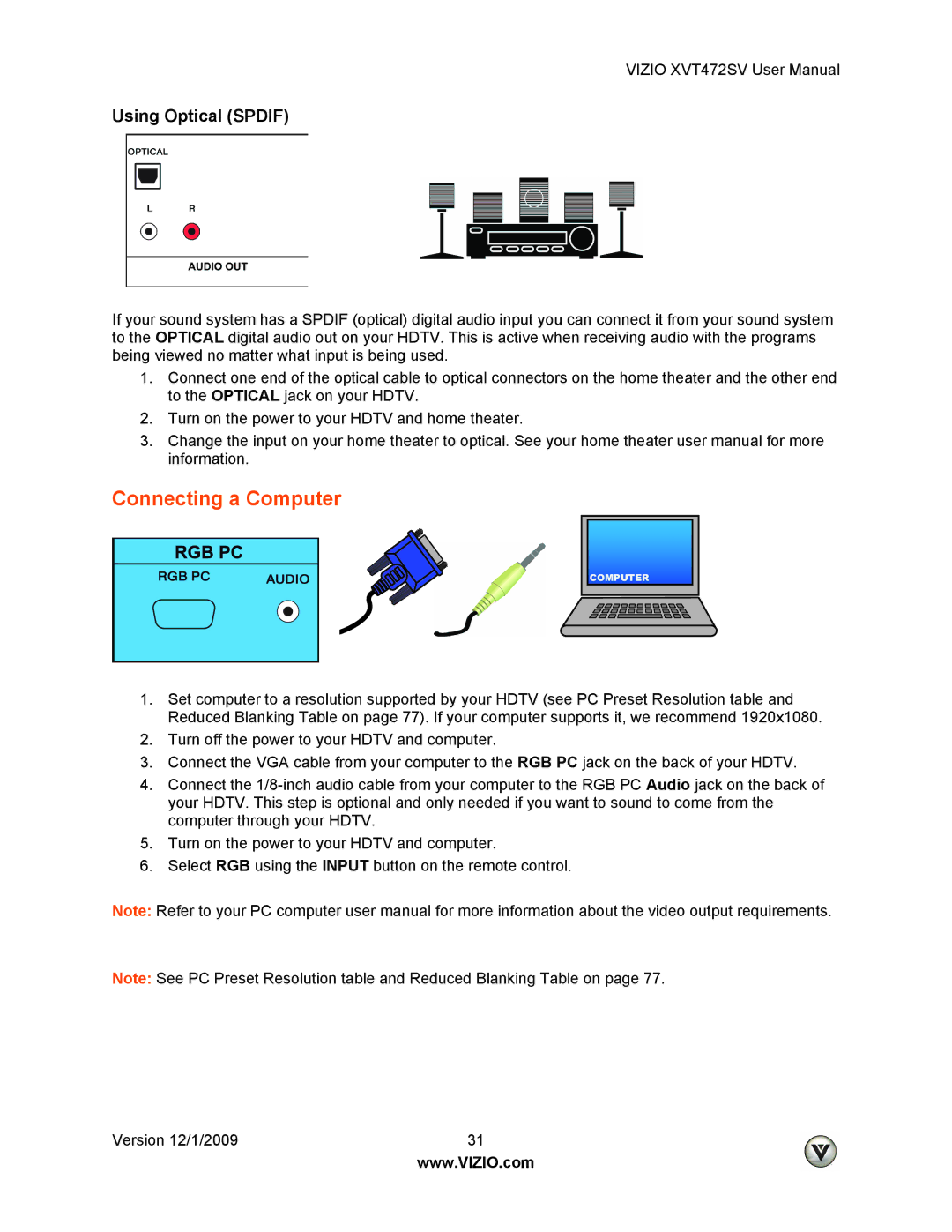 Vizio XVT472SV manual Connecting a Computer, Using Optical Spdif 