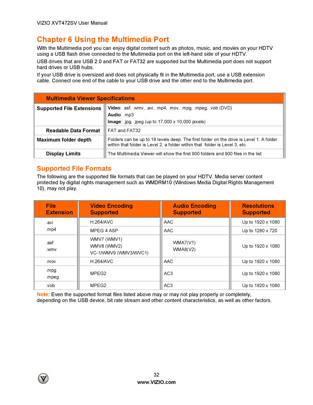 Vizio XVT472SV manual Supported File Formats, Multimedia Viewer Specifications 