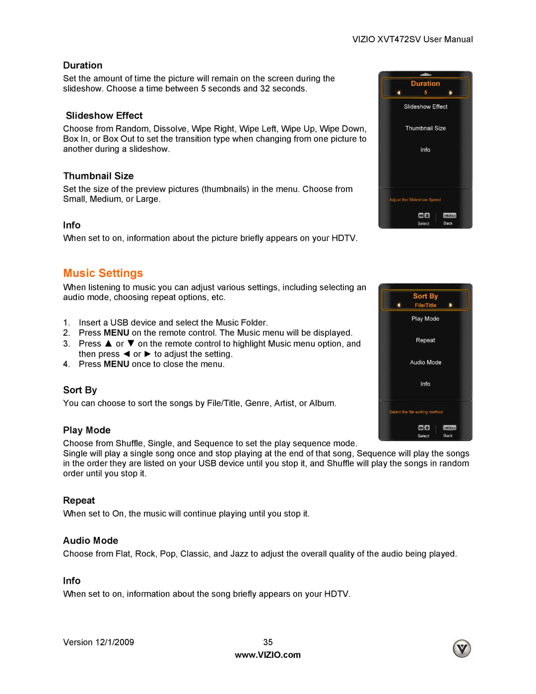 Vizio XVT472SV manual Music Settings 